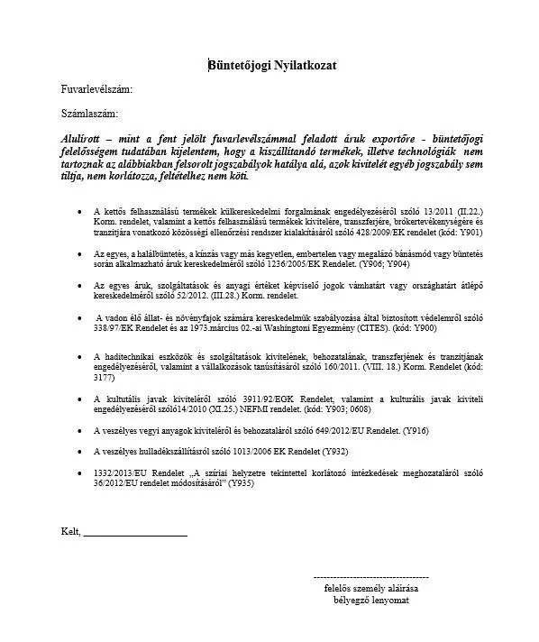 B&uuml;ntetőjogi nyilatkozat UPS