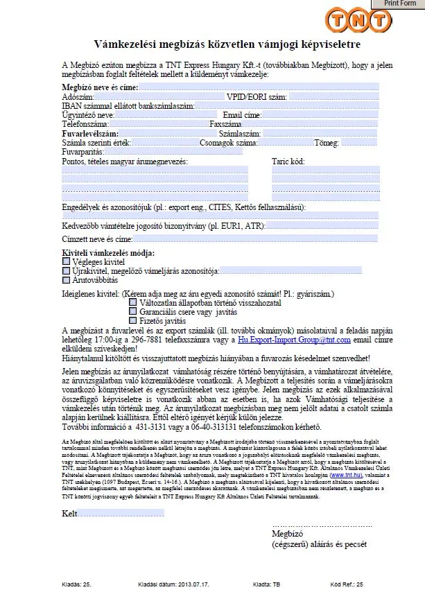 TNT export v&aacute;mkezel&eacute;si megb&iacute;z&aacute;s