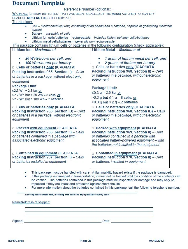 UPS Lithium akkumul&aacute;tor nyilatkozat