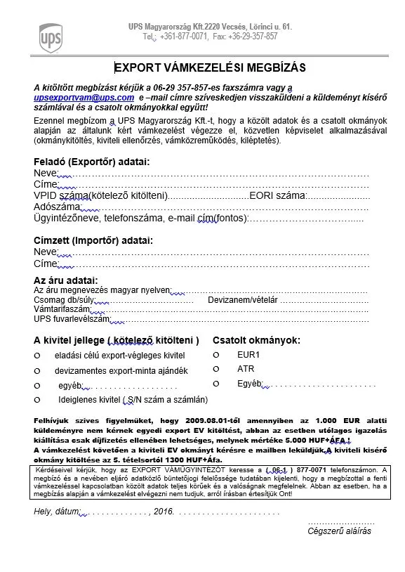 UPS export v&aacute;mkezel&eacute;si megb&iacute;z&aacute;s